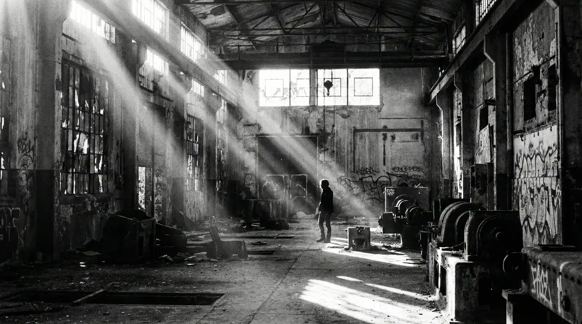 废弃工厂内部光线穿透窗户照射在地面上的纪实摄影